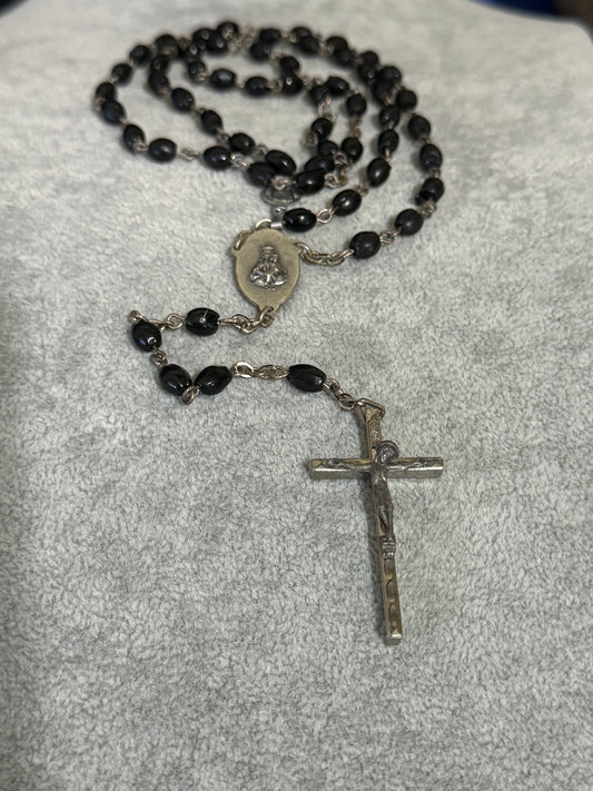 Black Wooden Bead - Silver Crucifix Rosary Italy - Vintage