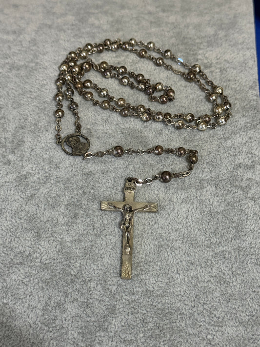 INIR Silver Beaded - Silver etched Crucifix Rosary - Vintage