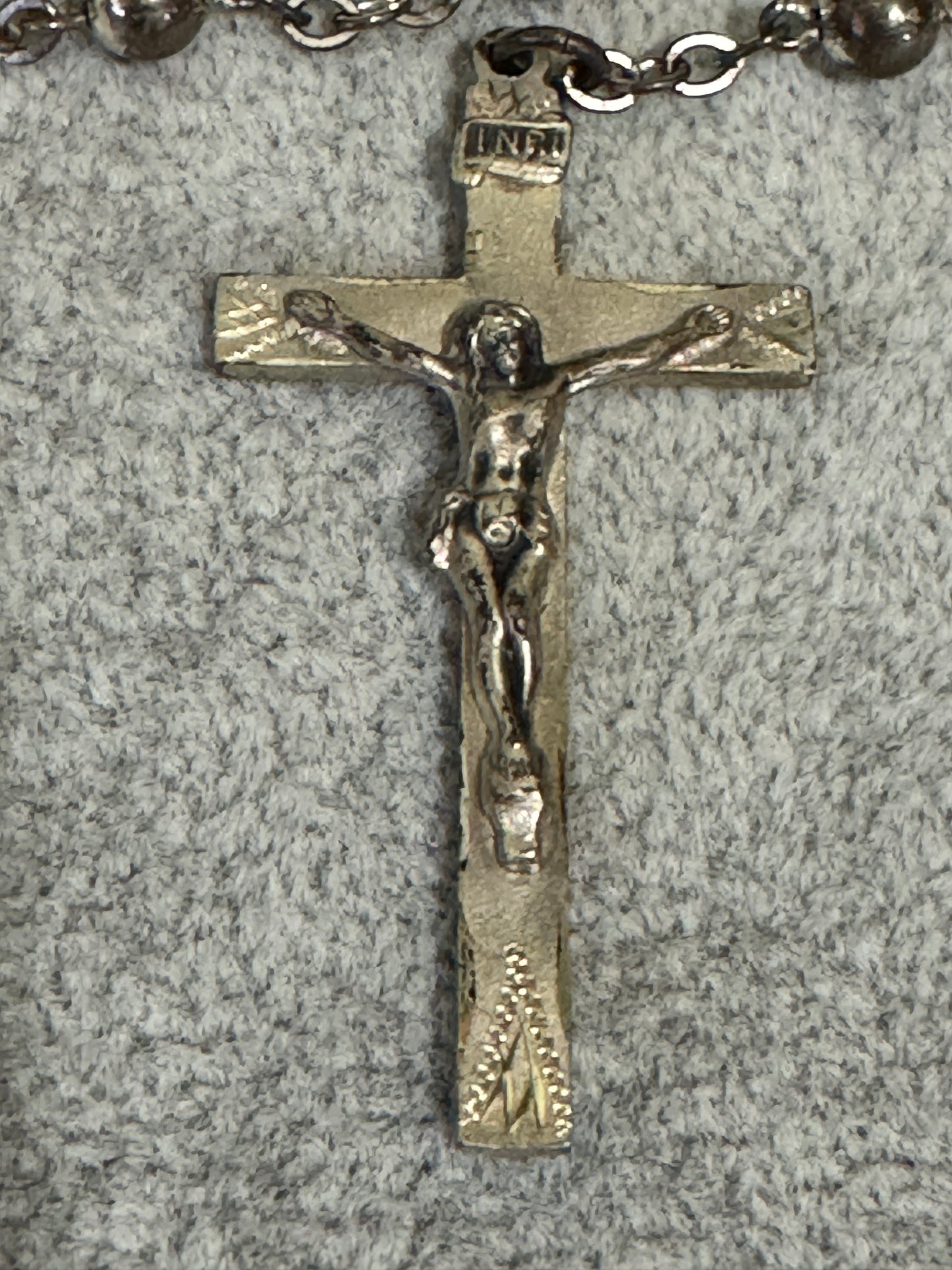 INIR Silver Beaded - Silver etched Crucifix Rosary - Vintage