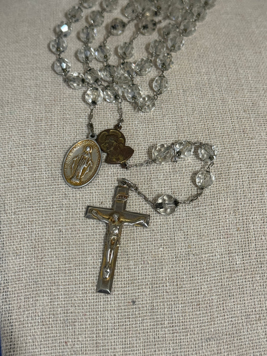 INIR Glass Crystal and Silver Beaded - Silver Crucifix Rosary - Vintage