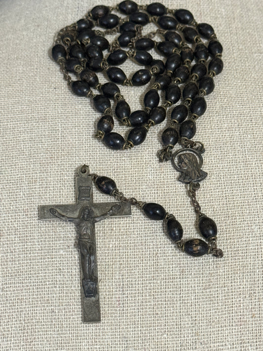 INIR Wooden Bead - Silver Crucifix Rosary - Vintage