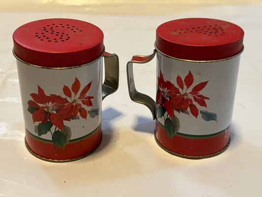 Salt N Pepper Tin Shakers Handled decorated with Poinsettias Vintage