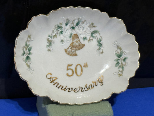 Anniversary -50th dish Lefton China Scalloped w/ White Doves Bells - Vintage