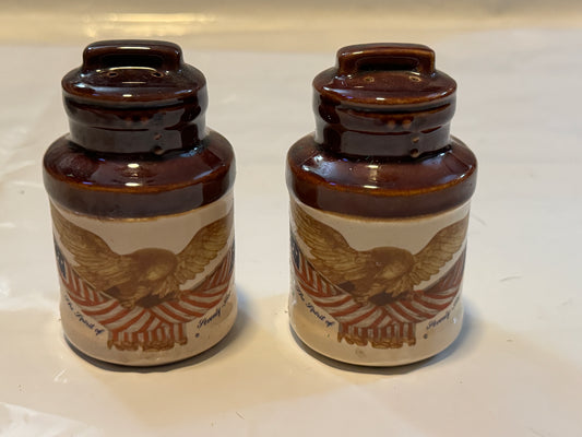 Spirit of Seventy Six Ceramic Salt N Pepper Shakers Flag & Eagle Vintage