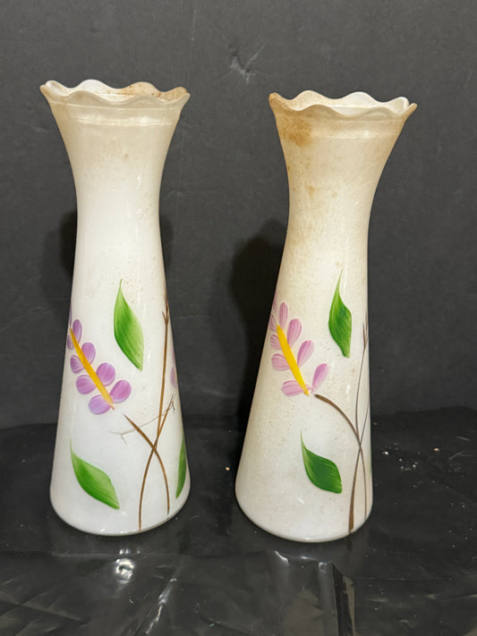 Hand Painted White Glass Floral Vase Bartlett Collins Vintage