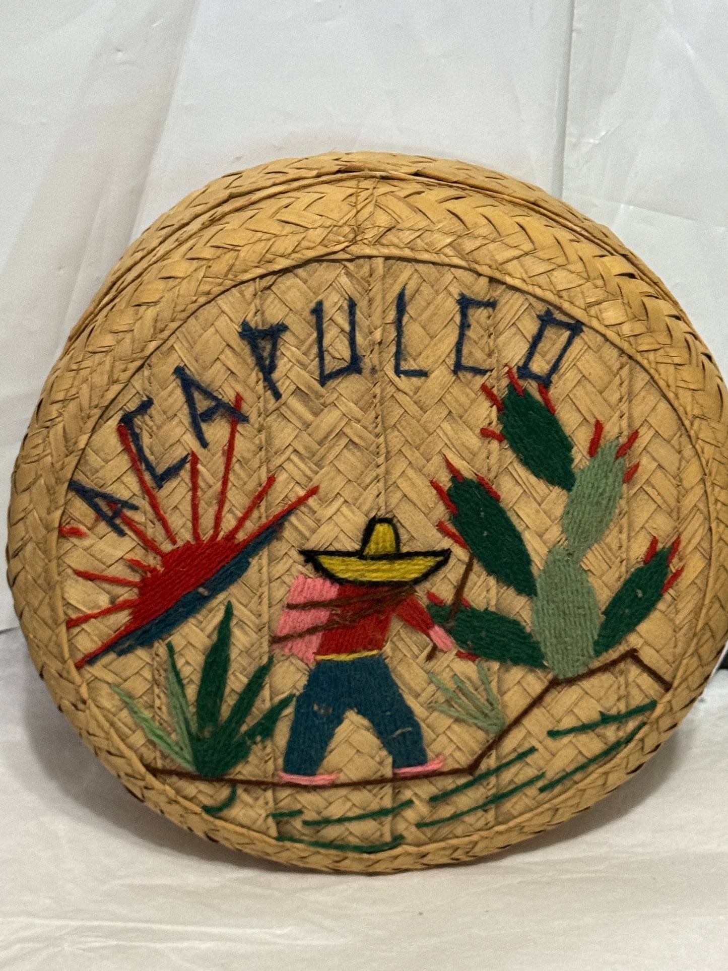 Acapulco Embroidered Woven Storage Basket with Lid Vintage