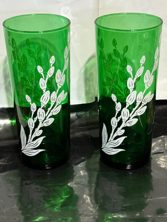 Anchor Hocking Forest Green /White Plant Buds (set of 2) 16 Oz. Tumblers