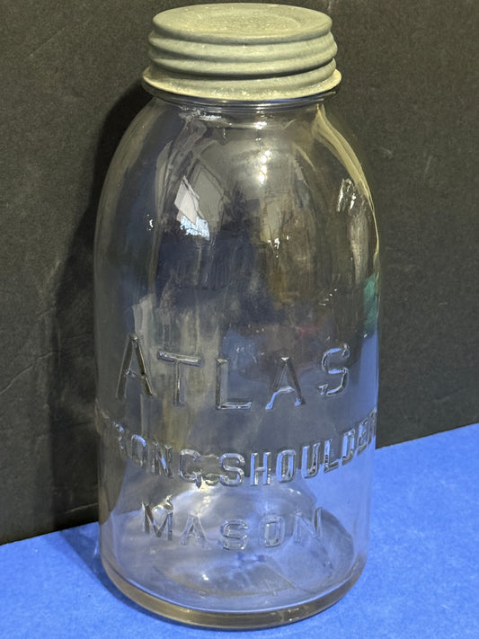 Atlas Strong Shoulder Clear Mason Jar, Half Gallon Zinc and Glass Lid - VINTAGE