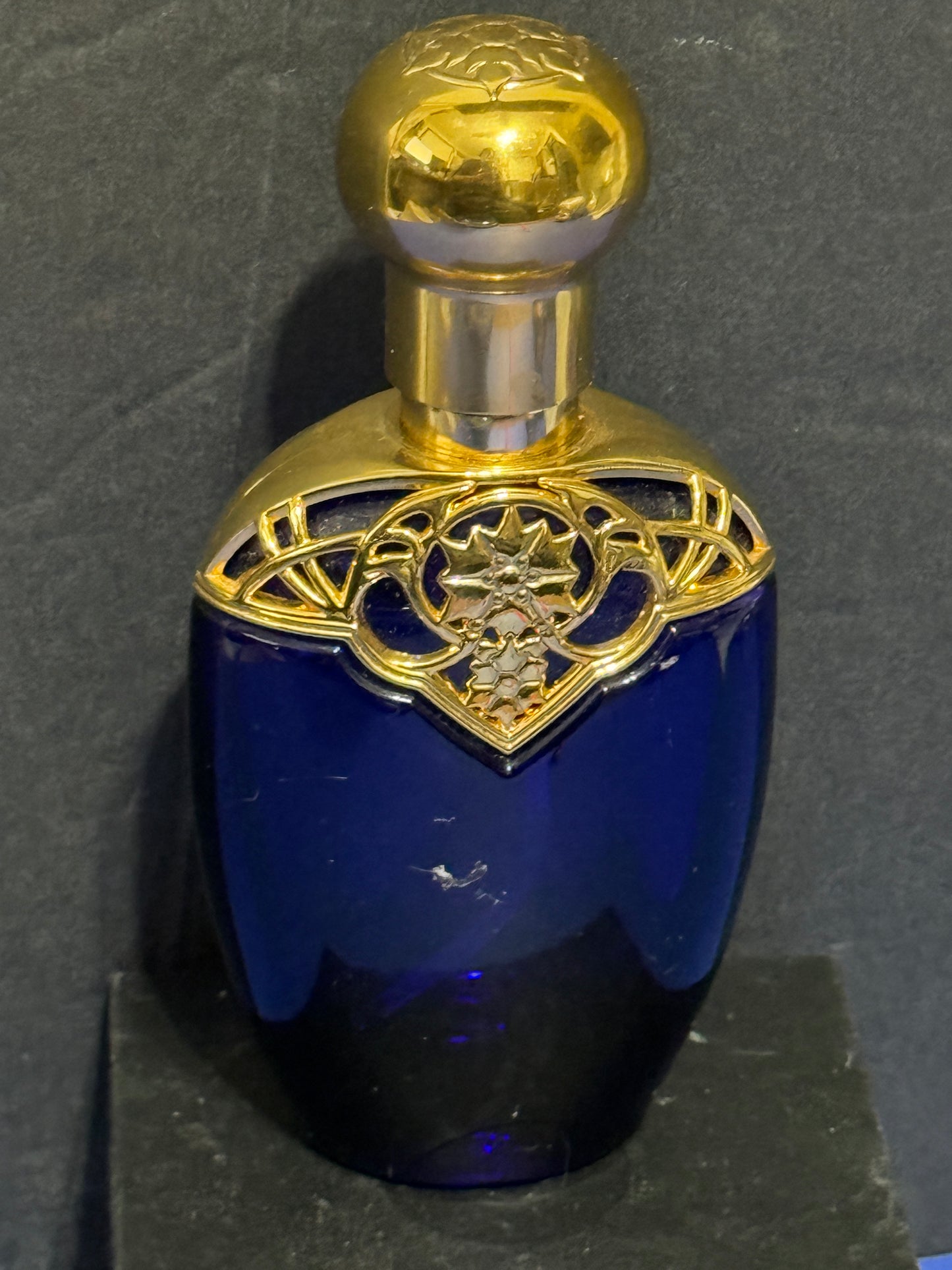 Avon Cobalt Blue Perfume Bottle Gold Filigree Top Spray - Vintage