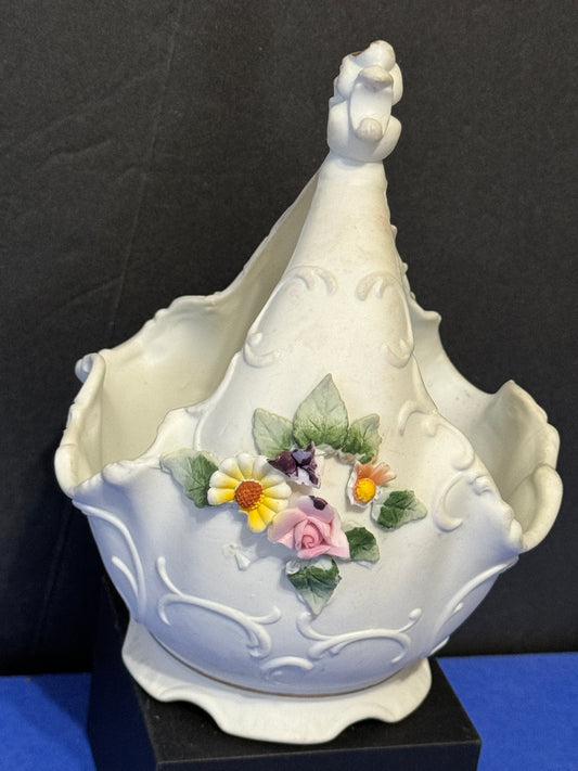 Basket w/Attached Hand Painted Multi Color Flowers LEFTON Bisque - Vintage