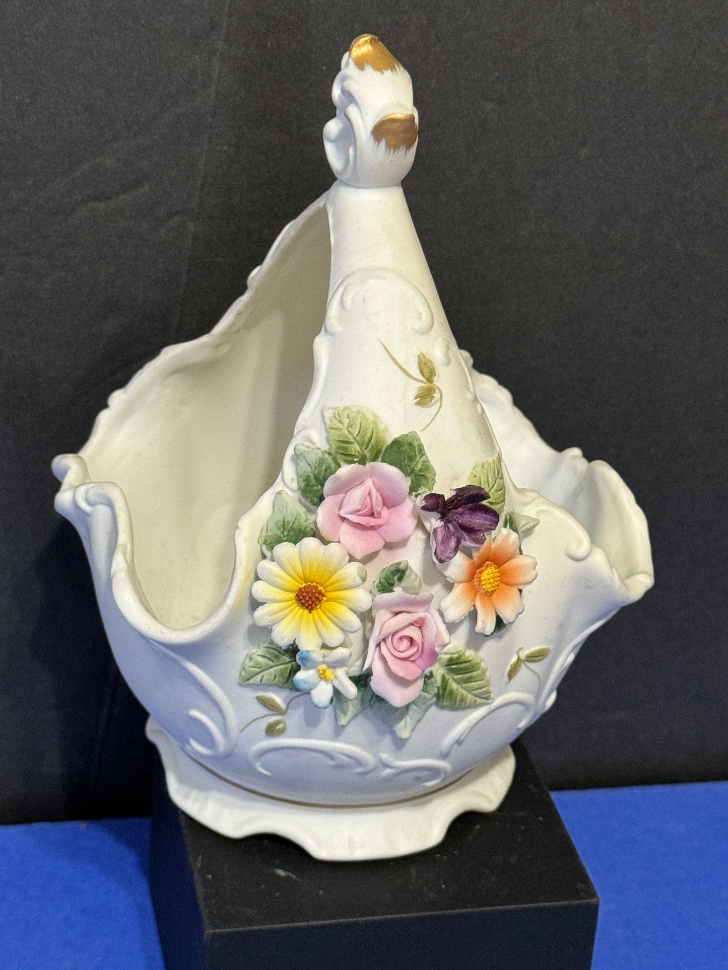 Basket w/Attached Hand Painted Multi Color Flowers LEFTON Bisque - Vintage