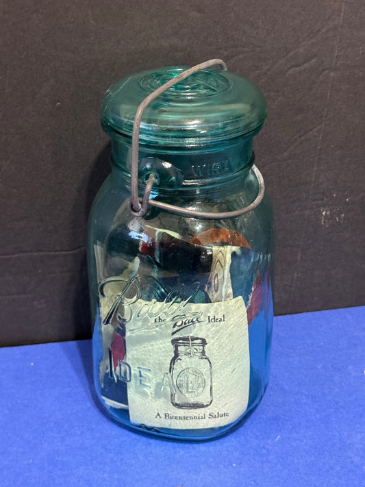 New Bicentennial Salute Ball Pint Jar Wire Lid Teal Glass - Vintage