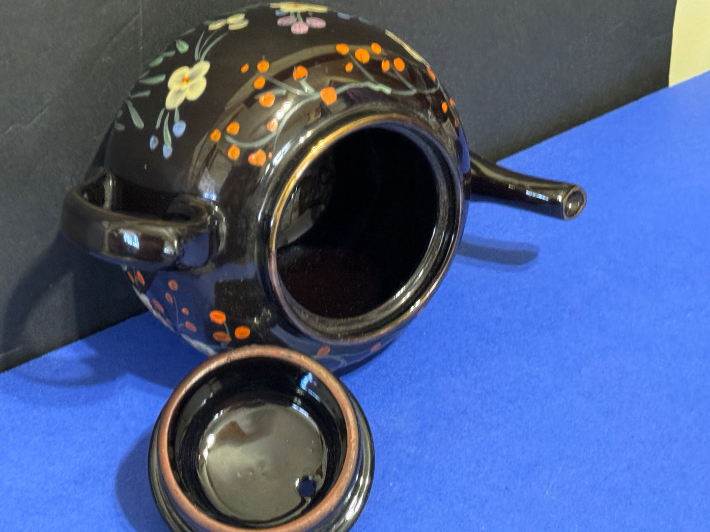 Black Teapot Made in England Hand painted WWII 1940s - Vintage