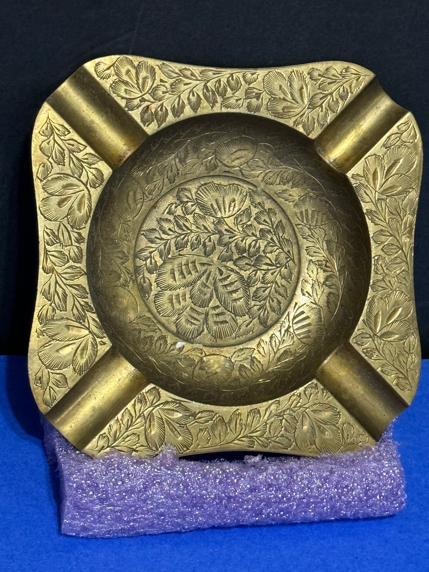 Brass Ashtray with Leaf carved designs - VINTAGE