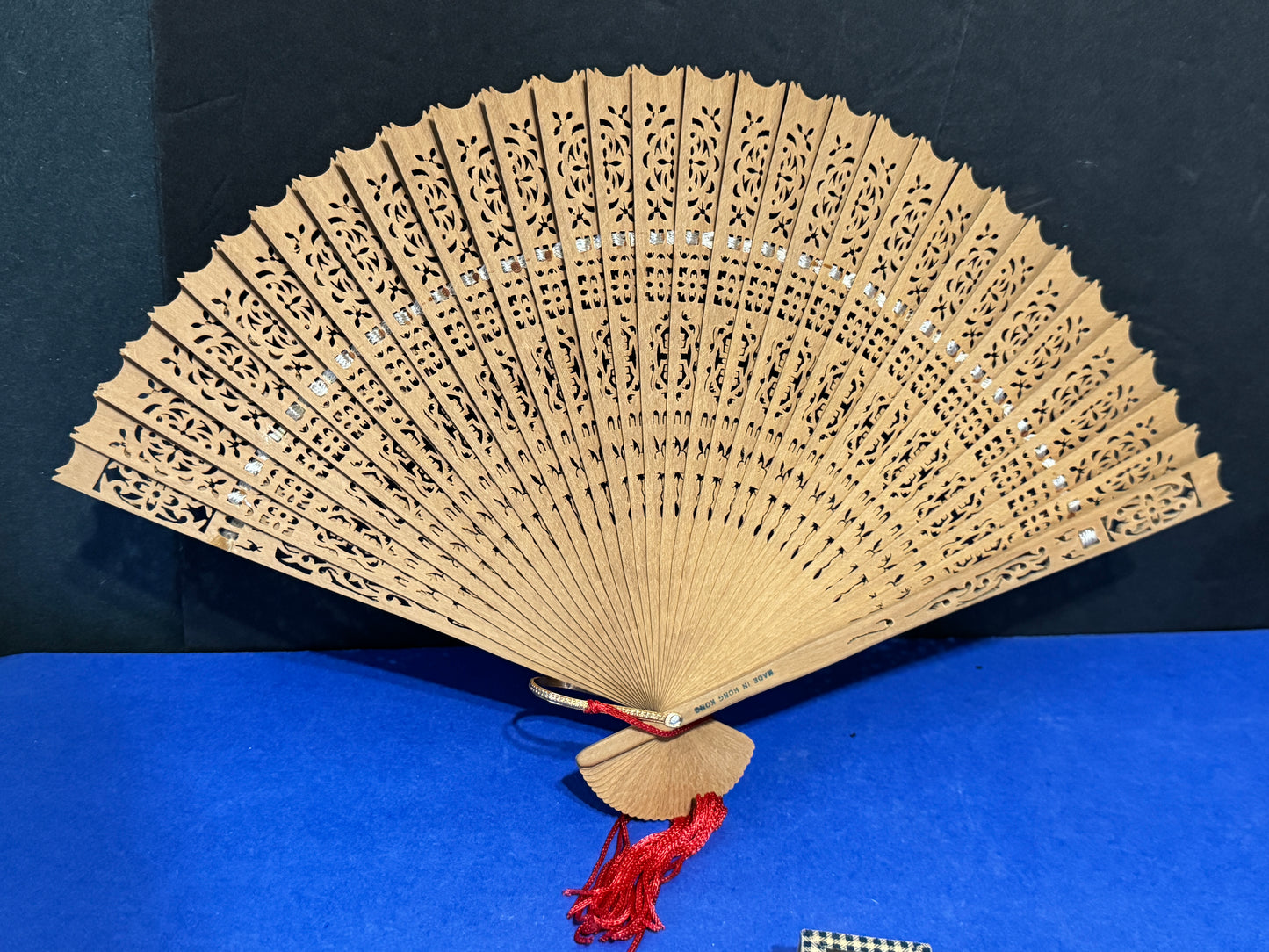 Wooden Brisé Hand Fan Pierced 8" 14" China in Boxes Red Tassels - VINTAGE