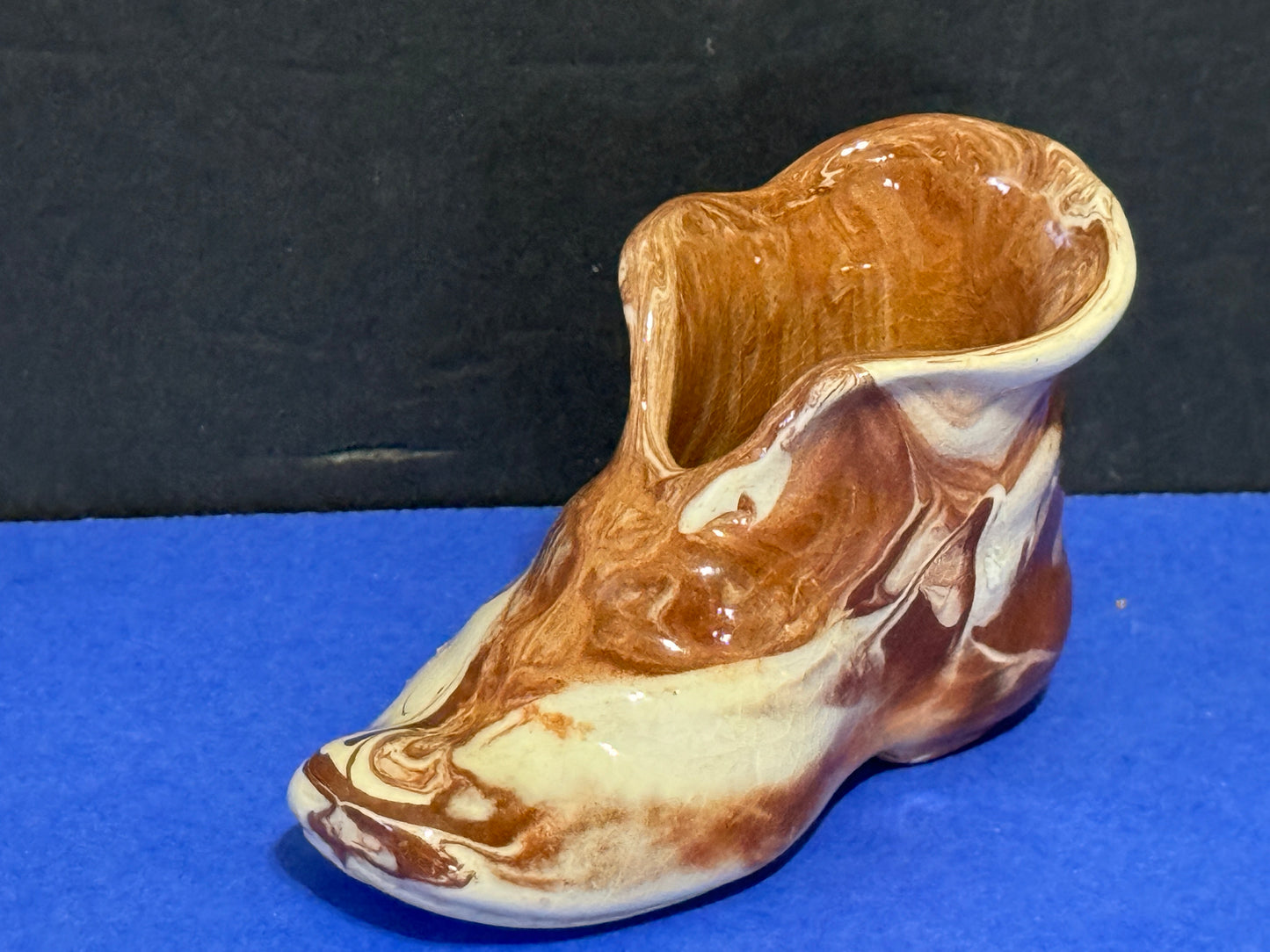 Juanita Ware Pottery Shoe Bootie Brown and White Marbled Swirl - VINTAGE