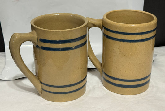 Pure Buckeye Root Beer Yellowware Mugs Blue Striped Antique Stoneware (set 2)