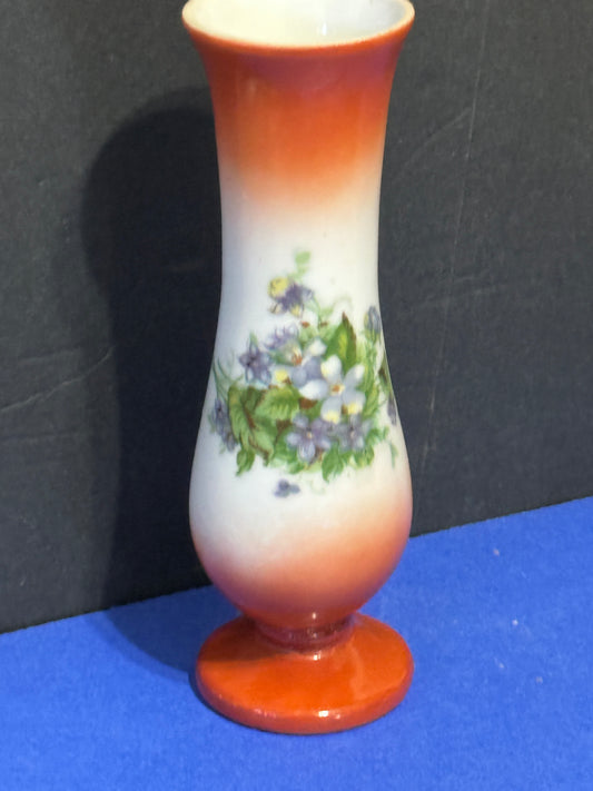 Floral Hand Painted Bud Vase Glass Japan Orange White Glazed 7 1/4"