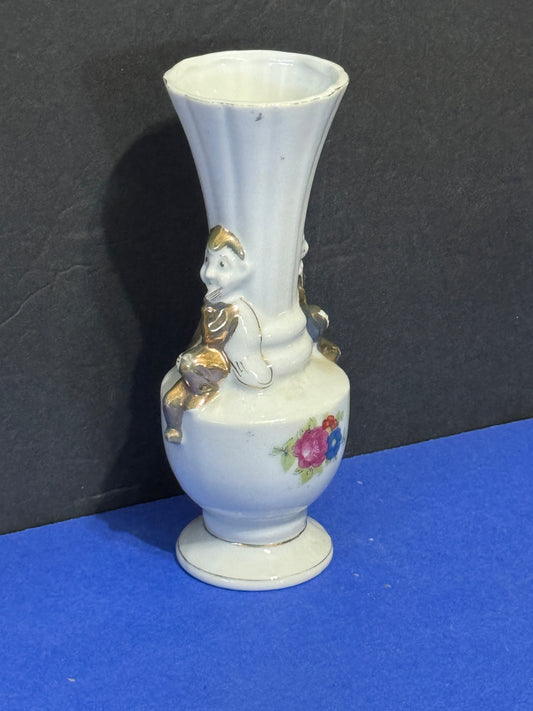 Porcelain Bud Vase with Flowers and Pixies - VINTAGE