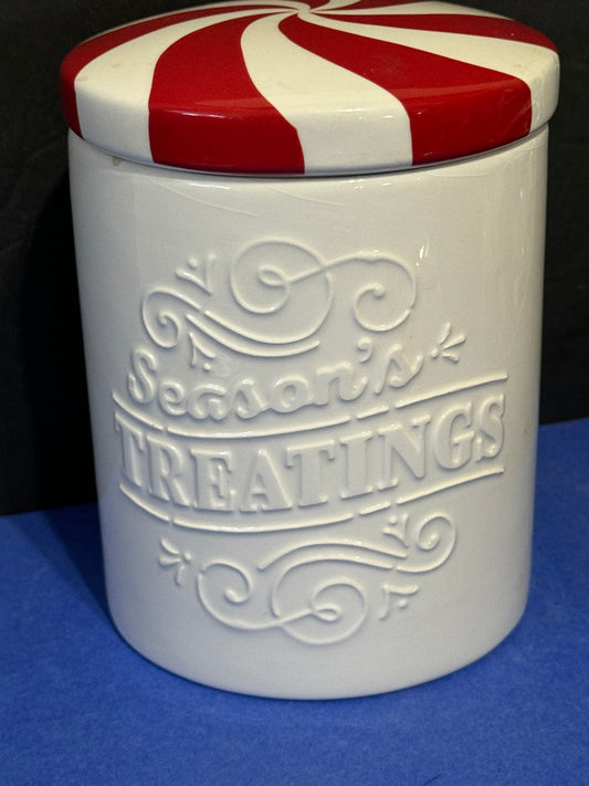 Hallmark Season's Treatings Christmas Ceramic White Jar w/Peppermint Candy Lid