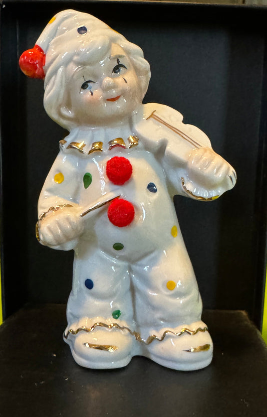 Clown Child White Polka Dot Violin Gold Porcelain Figurine Vintage