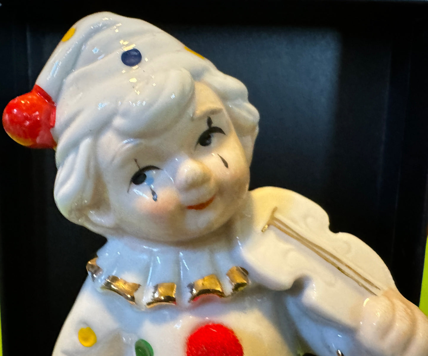 Clown Child White Polka Dot Violin Gold Porcelain Figurine Vintage