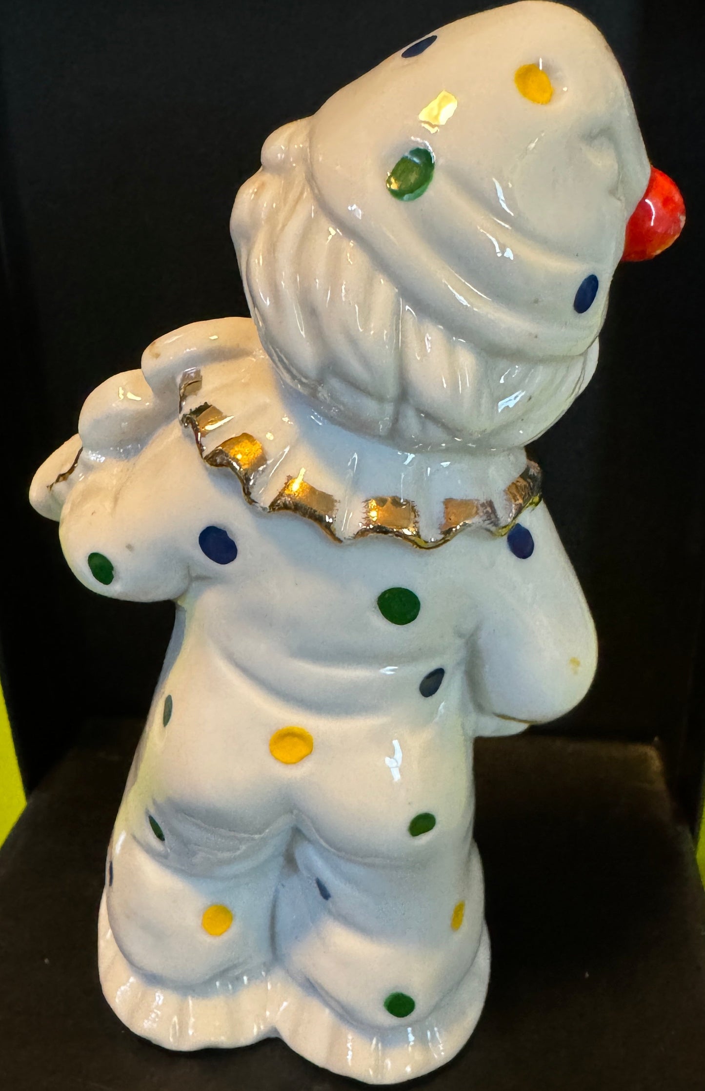 Clown Child White Polka Dot Violin Gold Porcelain Figurine Vintage