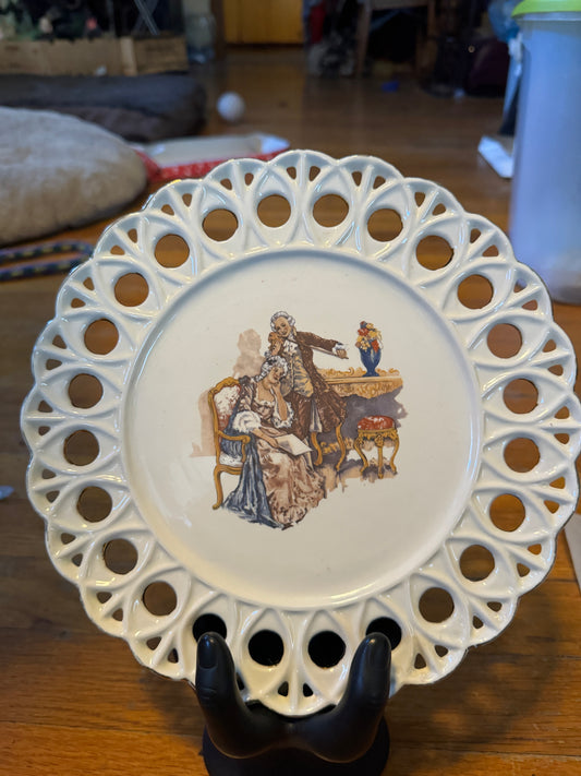 White with Colonial Couple Plate/Trivet Vintage