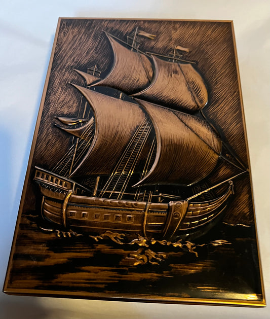 Three Masted Clipper Ship, Vintage Tin Box 9 1/2" x 6 1/4" RARE