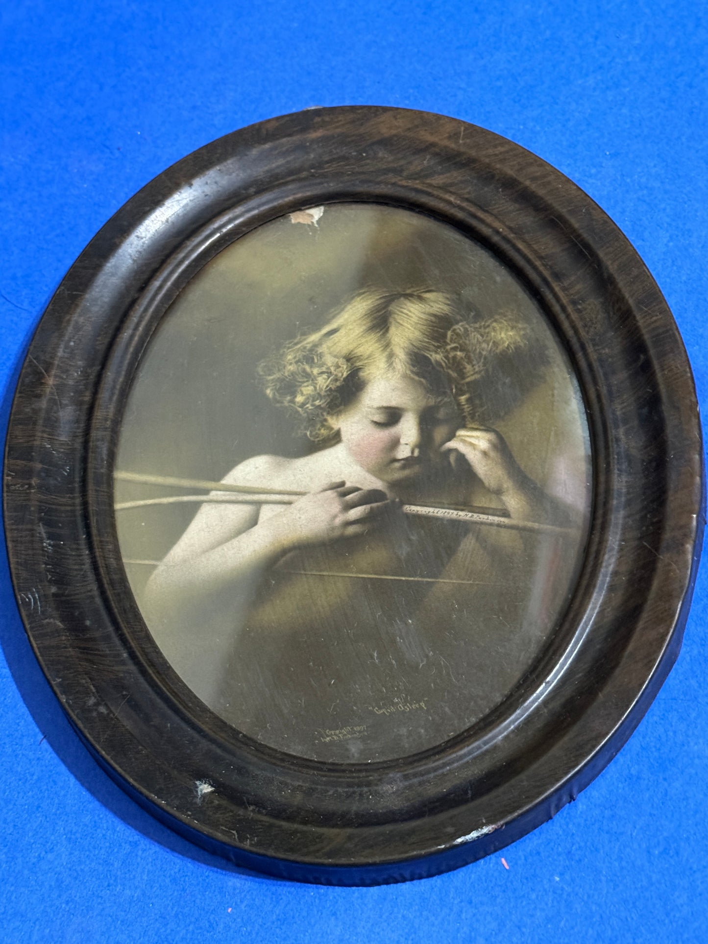 Cupid Awake and Asleep Oval Framed Metal back 1897 M B Parkinson - Antique