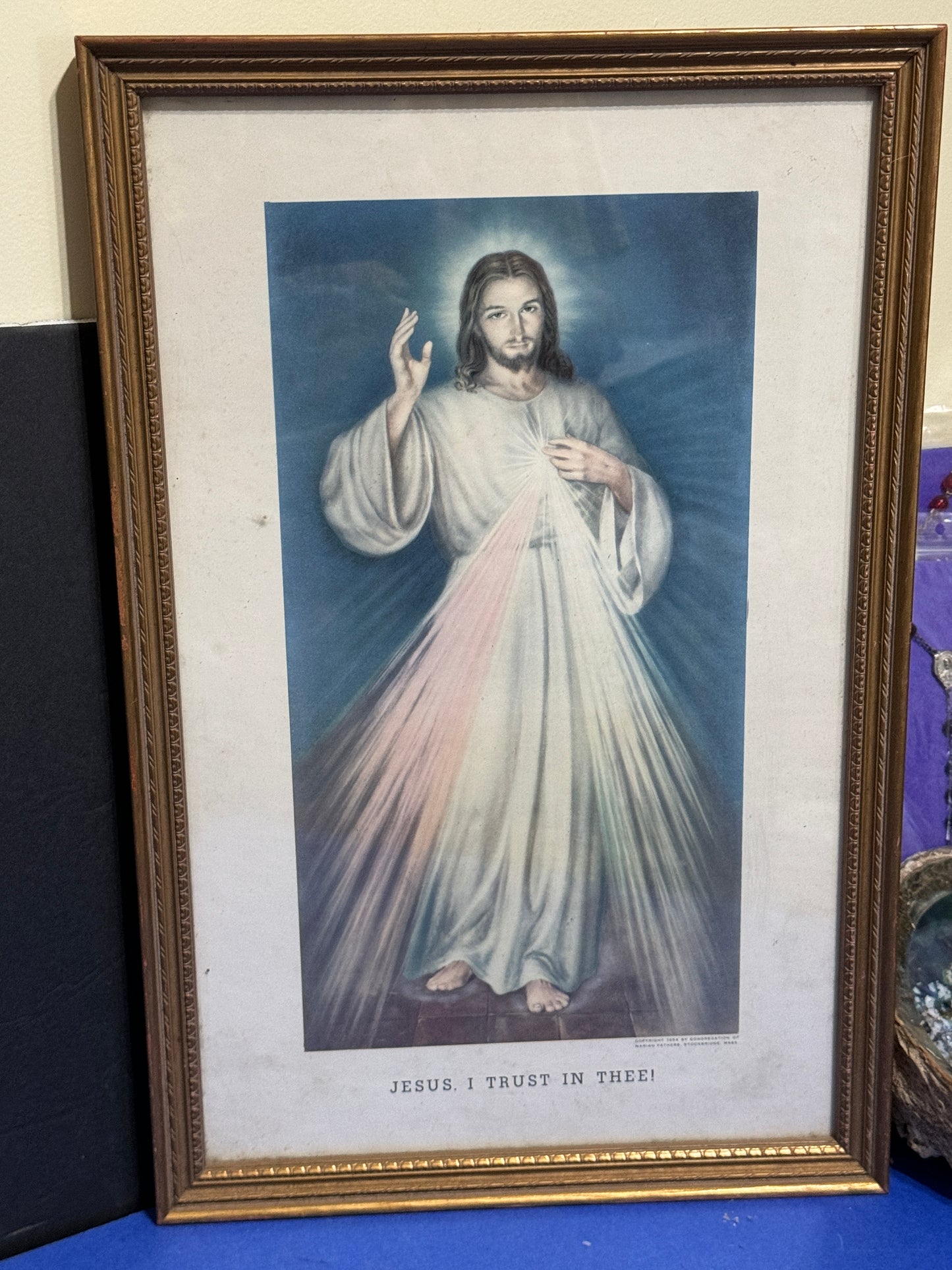 Divine Mercy Wooden Frame Very Old - Vintage 17" x 11"