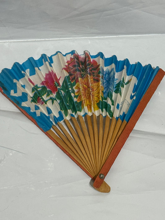 Bamboo Blue Paper Fan with Painted Flowers - Vintage