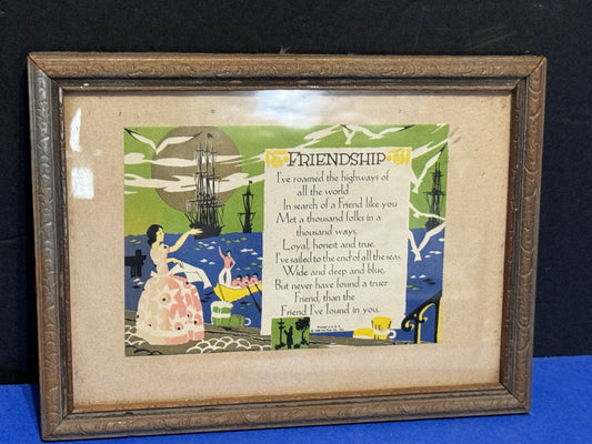 Friendship Poem Metallic Wood Framed Very Old 1930s - Antique