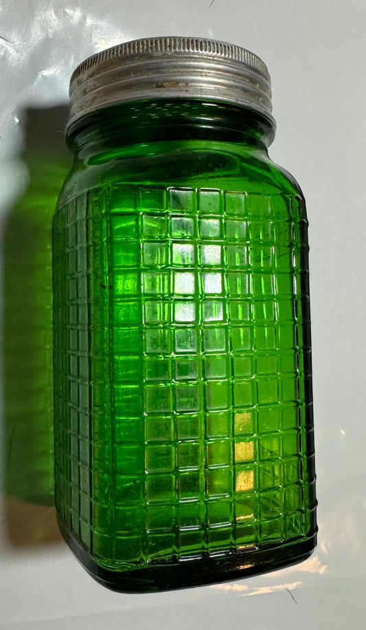 Fairmount Glass Waffle Grid Green Glass Jar Top Rare Vintage