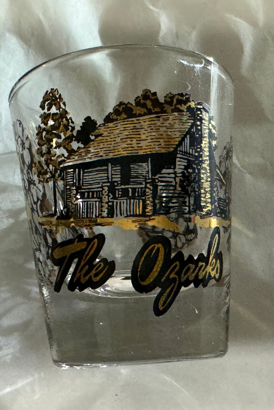 The Ozarks Shot Glass Gold and Black Decorated  Vintage