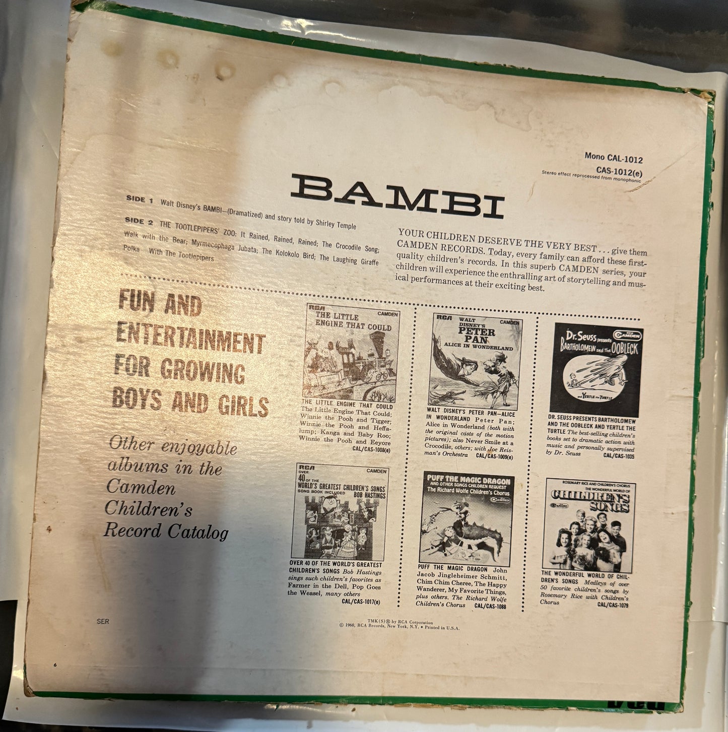 Walt Disney's Bambi Shirley Temple LP Record RCA Camden Pickwick