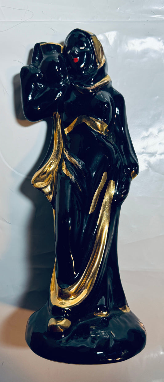 Beautiful Woman w/Urn Black Glaze & Gold Accents Ceramic - Vintage