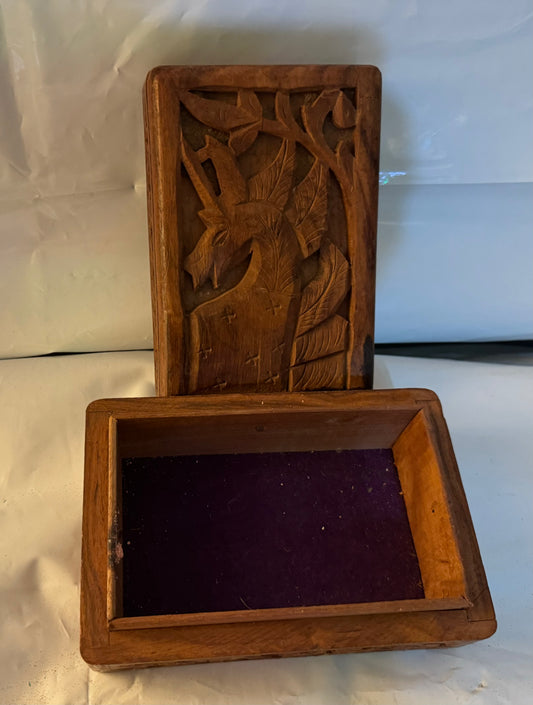 Beautifully Carved Unicorn and flowers - Wooden Box