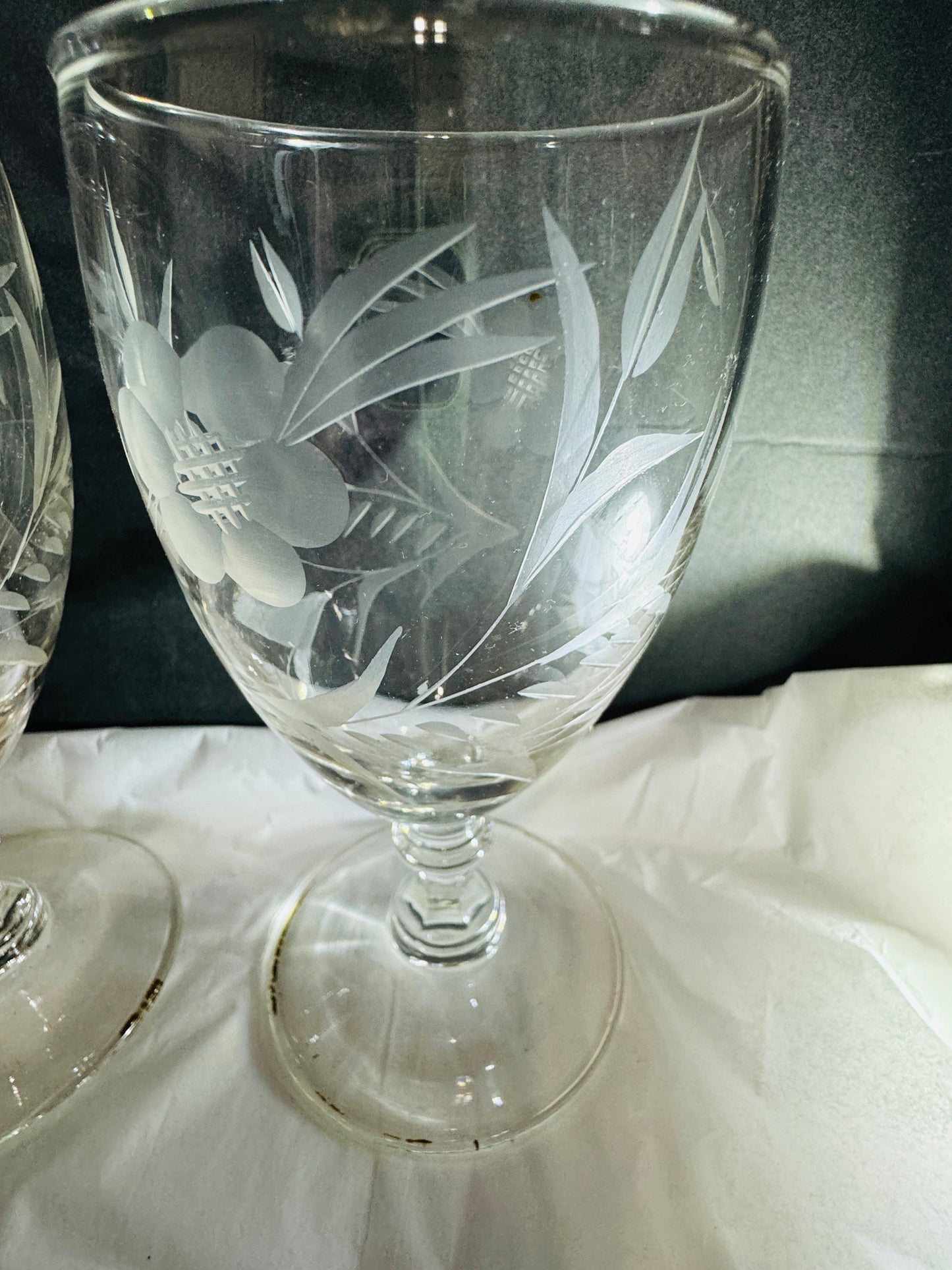 Elegant Flower and Leaf Etched Stemmed Frosted Glasses (set of 3)