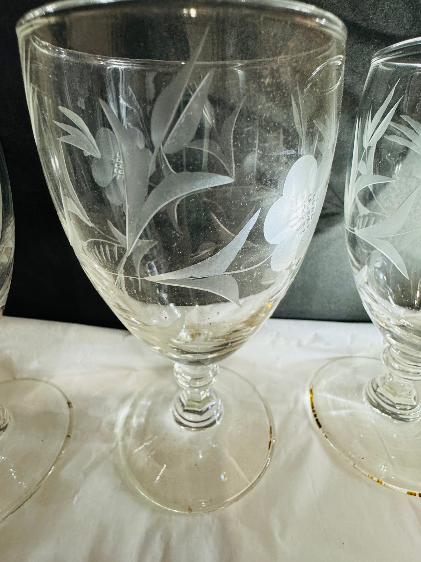 Elegant Flower and Leaf Etched Stemmed Frosted Glasses (set of 3)