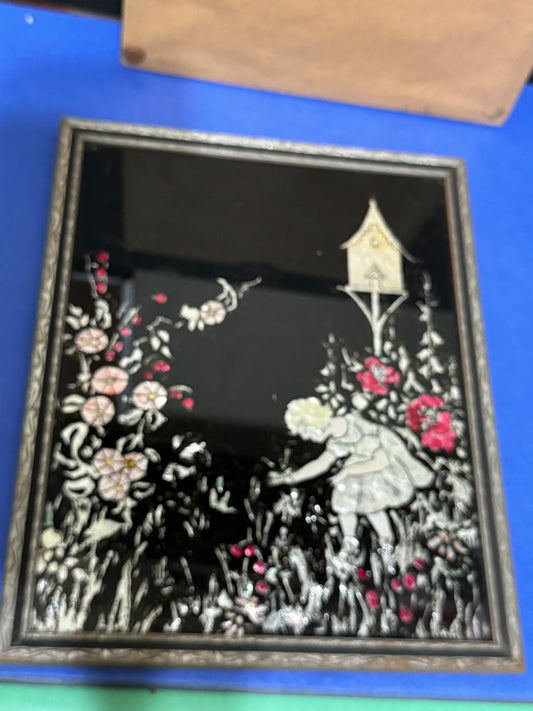 Girl in Flower Garden Framed Foil Art Picture - Very Old Antique - Vintage