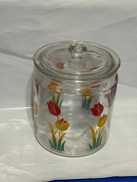 Hocking Glass TULIPS Glass Small Round Canister Jar with Lid - VINTAGE