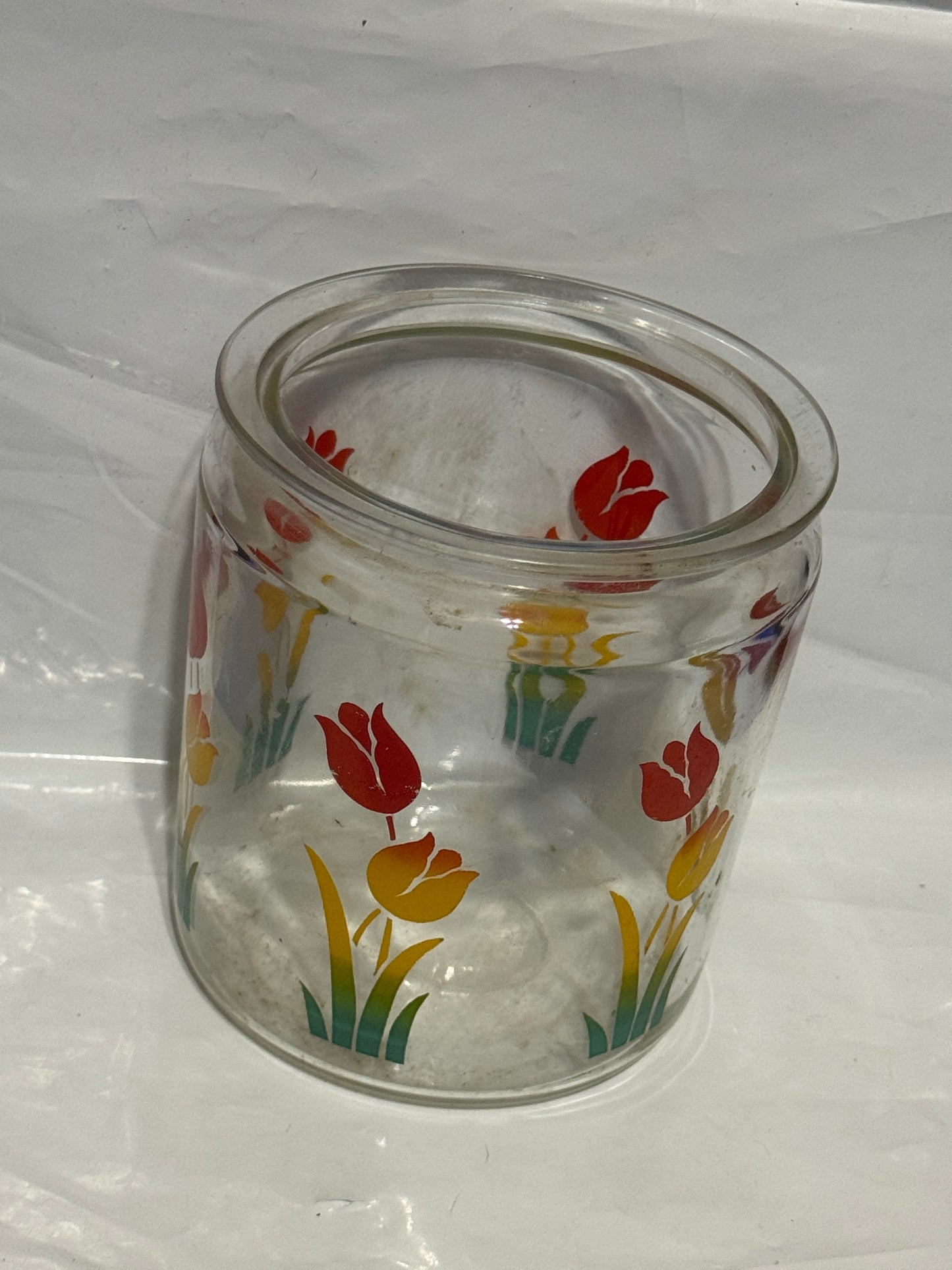 Hocking Glass TULIPS Glass Small Round Canister Jar with Lid - VINTAGE