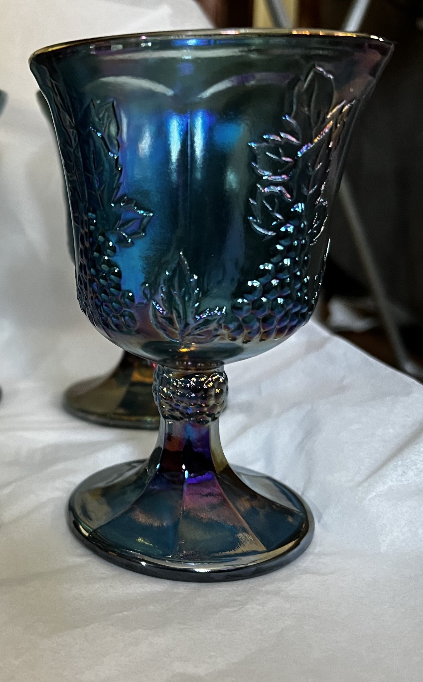 Blue Carnival Glass Goblets Grapes Harvest Vintage