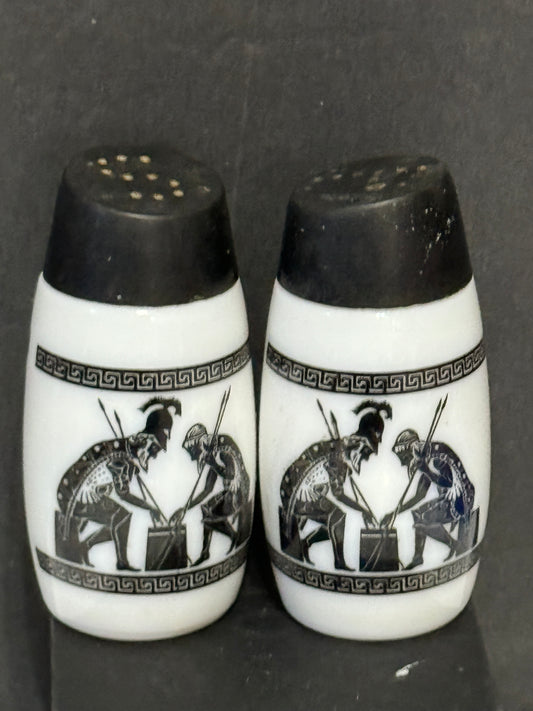 Grecian Milk Glass Salt N Pepper Shakers White & Black Vintage