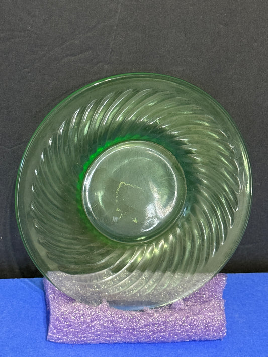 Green Depression Glass Plate with Spiral Pattern Heavy Glass - VINTAGE