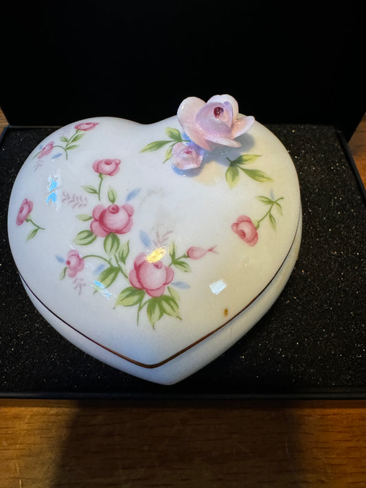 Heart Trinket Box Painted and Raised Roses with Lid Fine Bone China