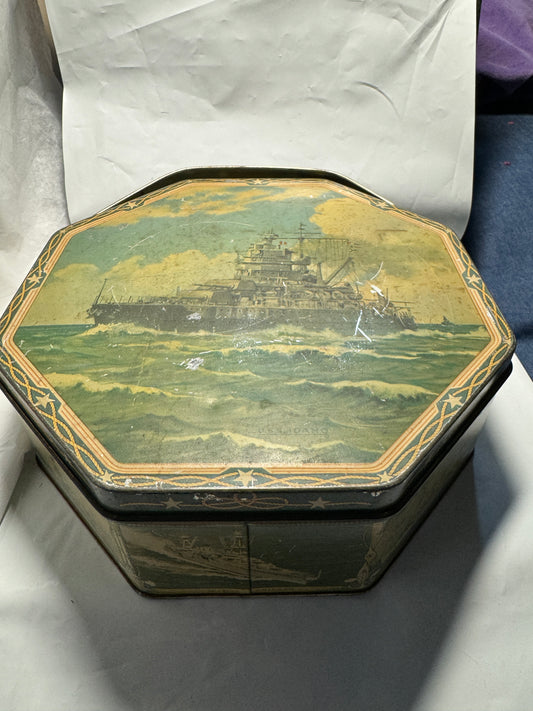 WWII US Navy Ship USS Idaho Loose Wiles Octagonal Biscuit Tin Battleship Vintage