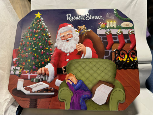 Russell Stover Hinged Christmas Candy Cookie Tin Dear Santa Fireplace Chimney