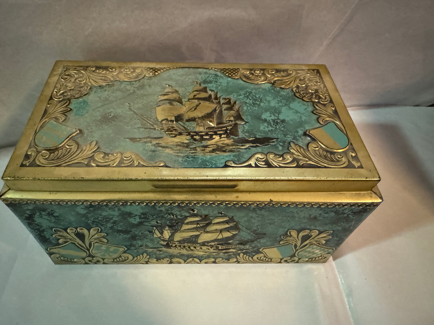 Four Mast Ship Teal Blue Tin with Hinged Lid Vintage